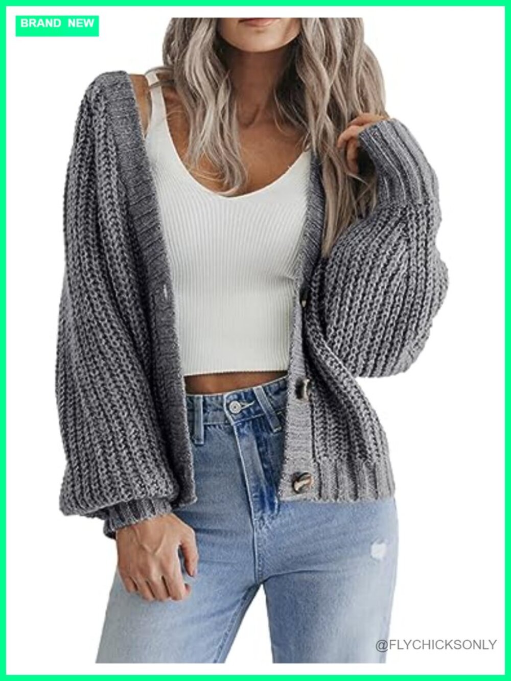 Chunky Knit Cardigan Long Sleeve V-Neck Button Down Sweater